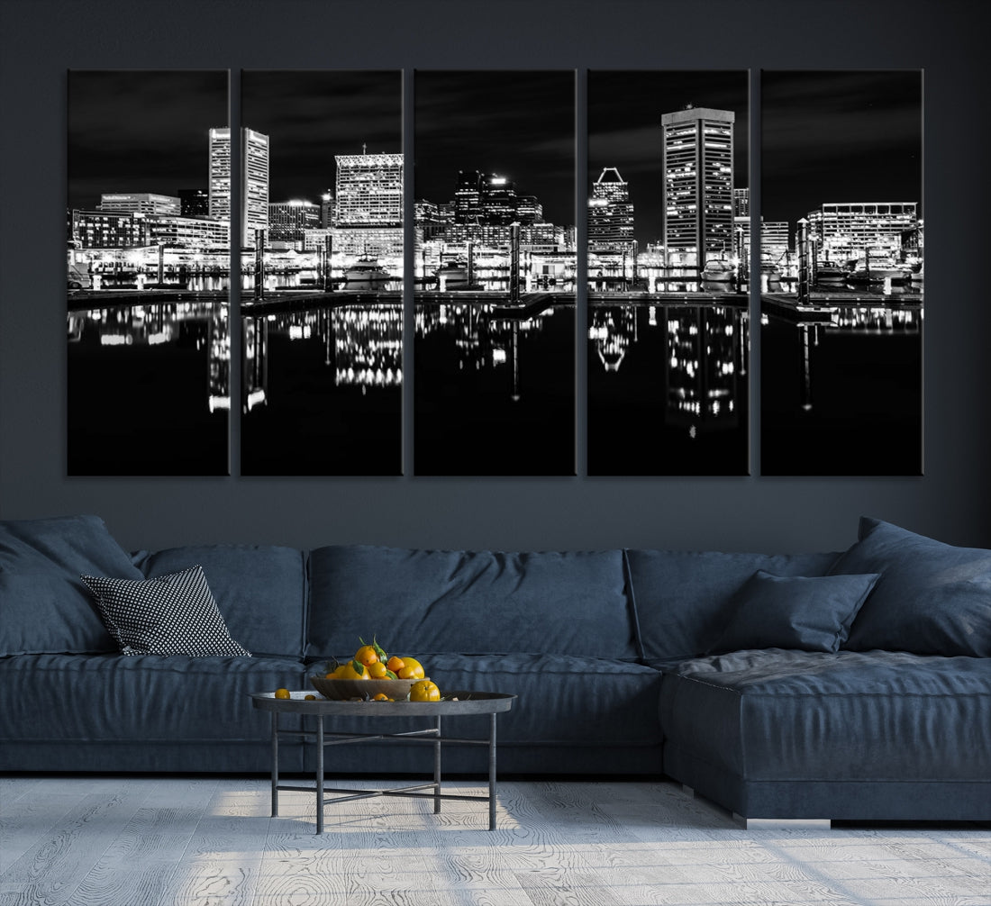 Black and White Baltimore Downtown Night Skyline Wall Art Cityscape Canvas Print