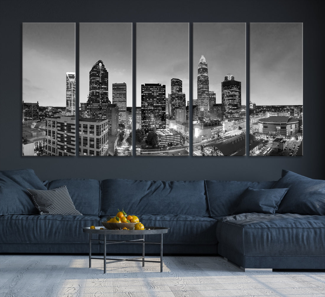 Aerial Charlotte City Skyline Wall Art Black and White Cityscape Canvas Print