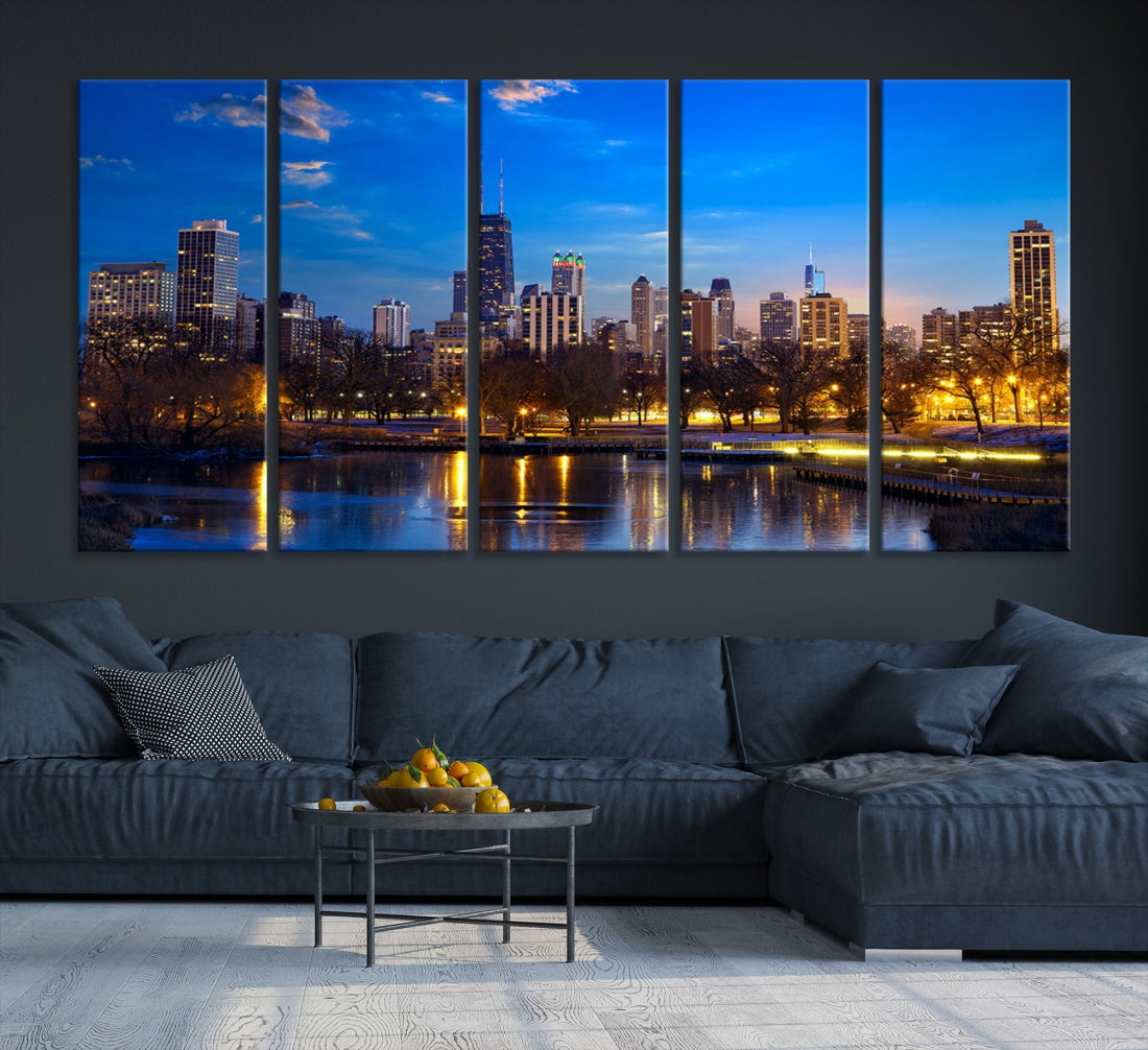 Large Chicago Skyline Wall Art Night Cityscape Canvas Print Home Decor