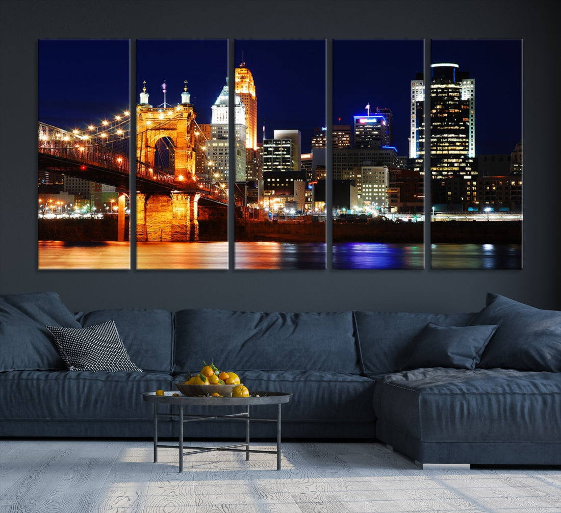 Cincinnati Bright Lights Night Skyline Canvas Wall Art Framed Print