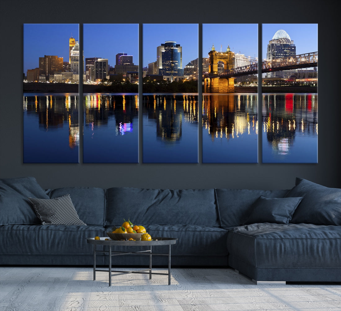 Cincinnati Night Skyline Reflections Large Cityscape Wall Art Canvas Print