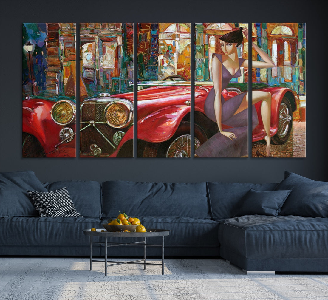 Lady With a Red Old Antique Car Jalopy Wall Art Canvas Print