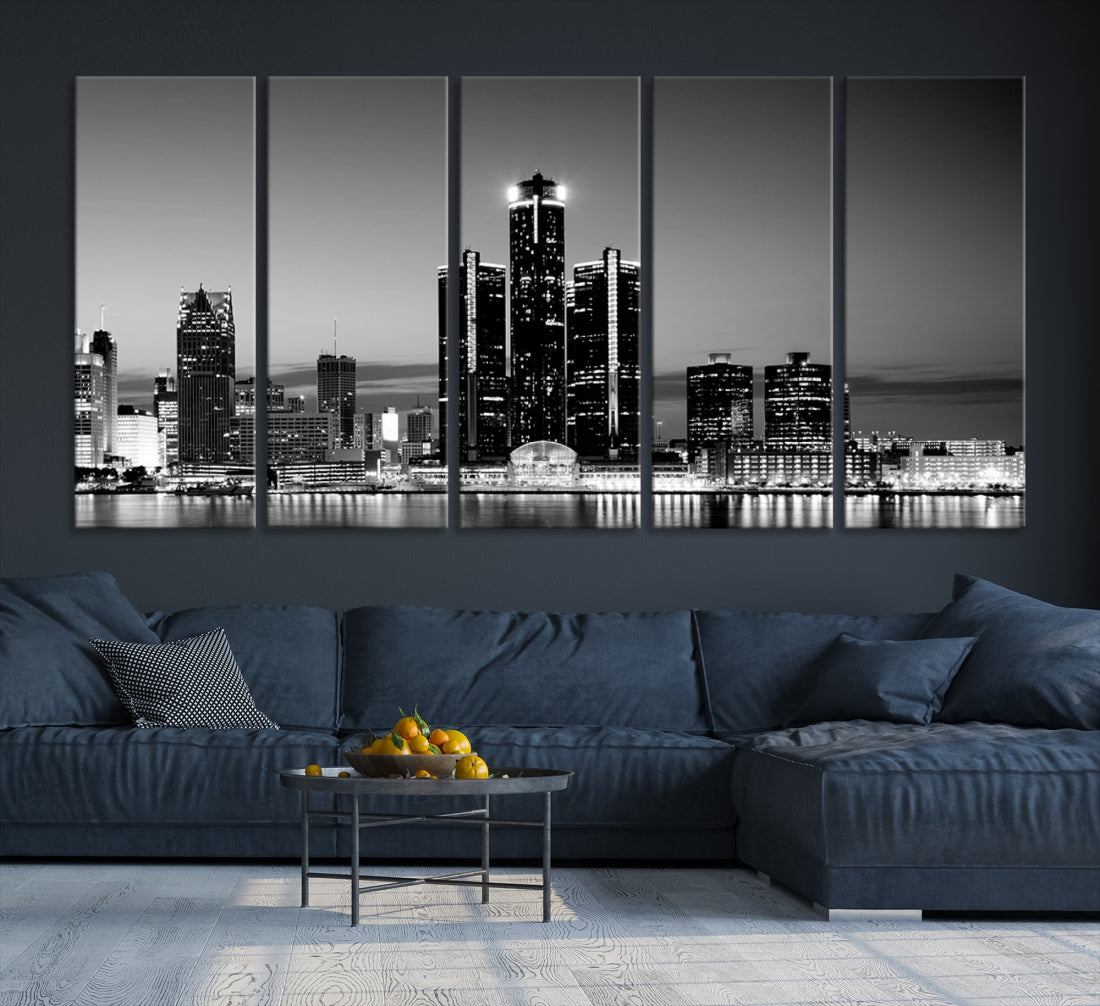 Extra Large Detroit Skyline Black and White Cityscape Wall Art Canvas Print