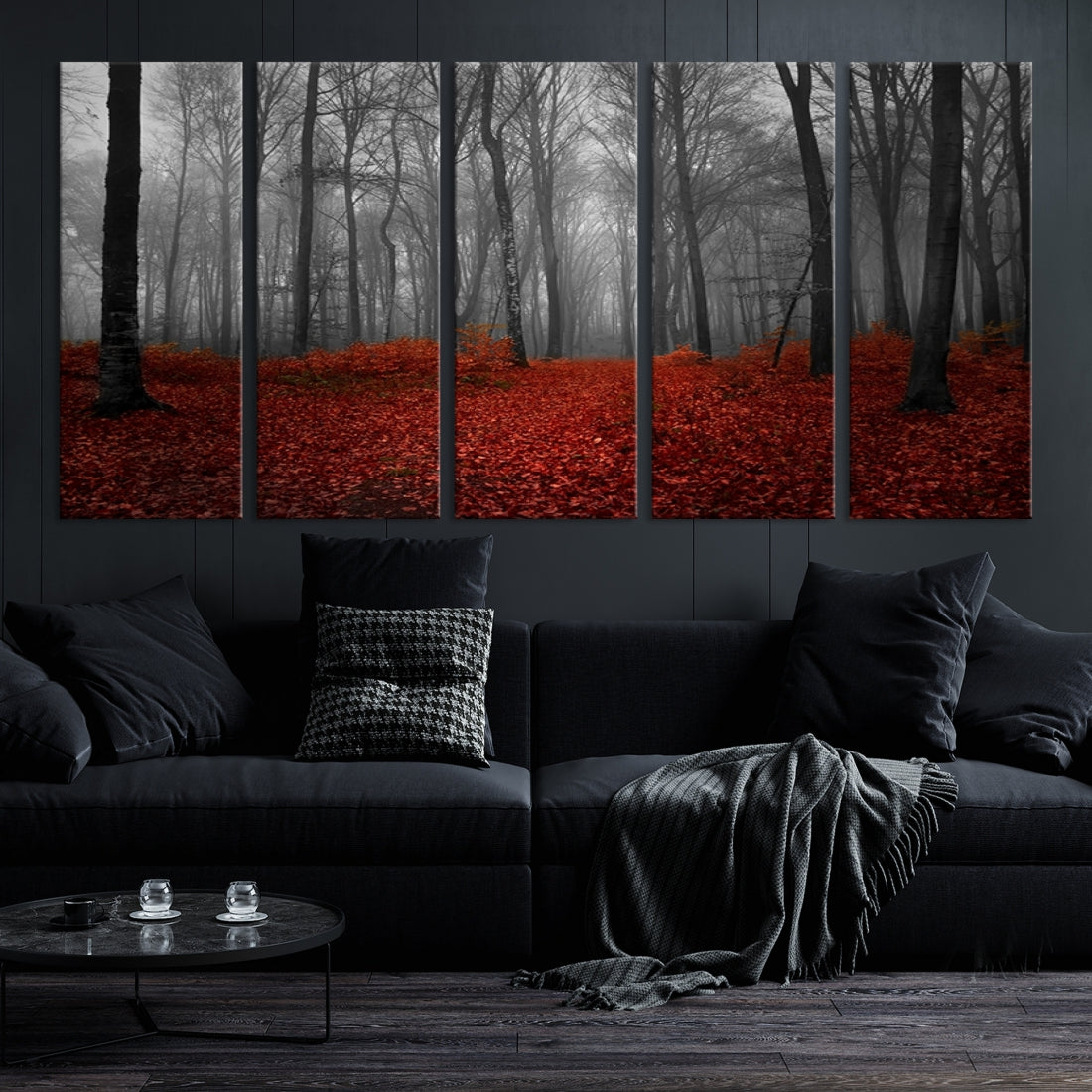 Foggy Forest with Red Leaves Autumn Landscape Giclee Canvas Extra Large Wall Art Print