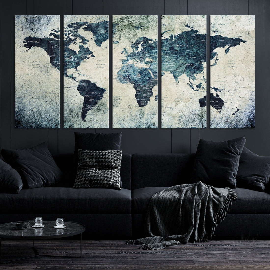 Extra Large World Map Wall Art Watercolor Painting on Canvas Print Grunge Vintage Decor