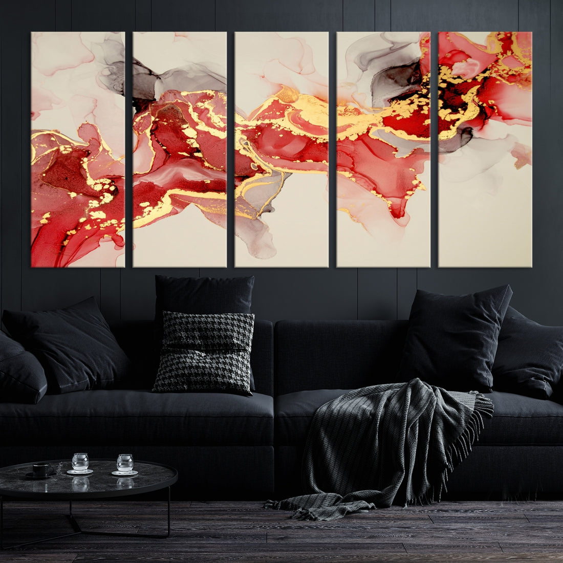 Contemporary Red Gold Abstract Painting on Canvas Print Framed Wall Decor