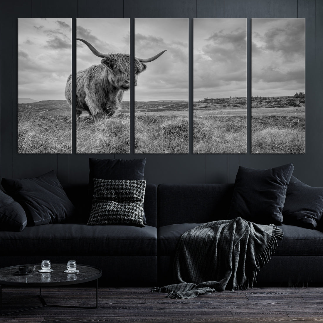 Grayscale Highland Cow Canvas Art Print Extra Large Animal Picture Print on Canvas