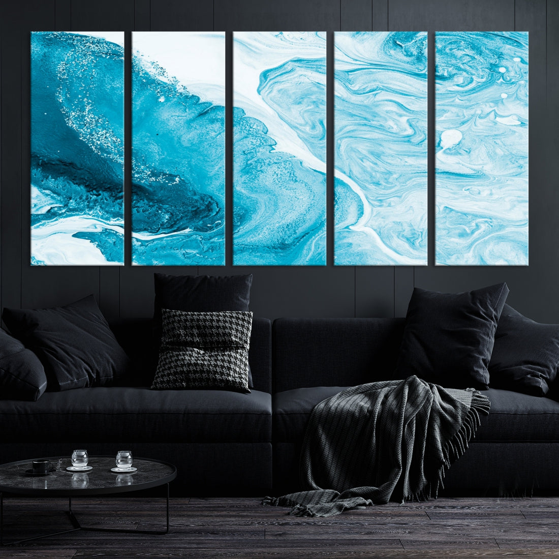 Bright Blue Abstract Painting on Canvas Large Marble Art Print