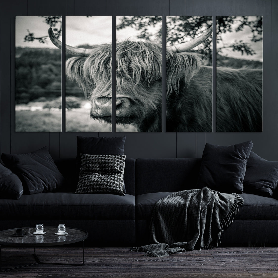 Beautiful Highland Cow Wall Art Large Canvas Print Black and White Wall Decor