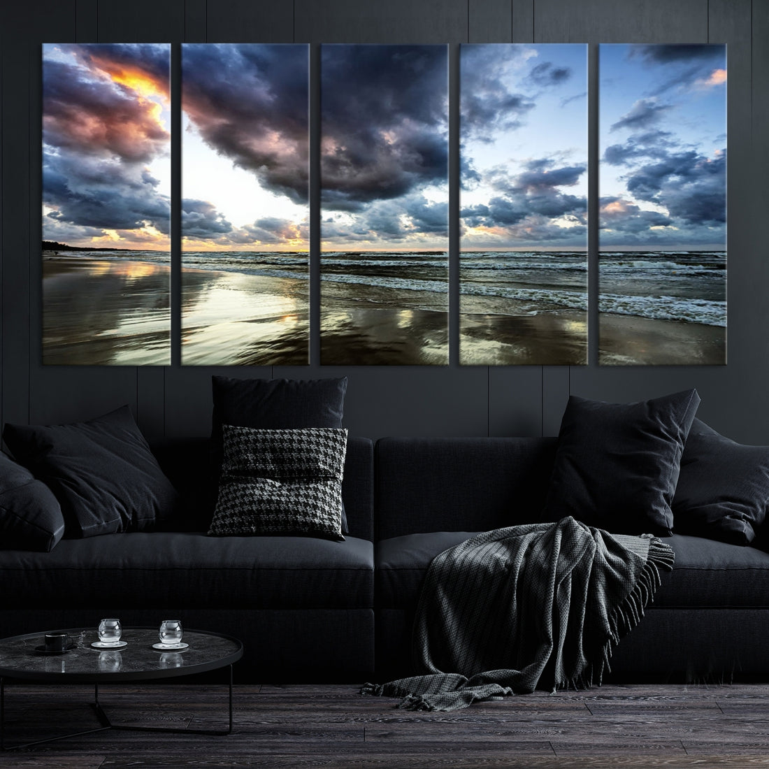 Cloudy Sky Calm Ocean Beach Nature Large Framed Canvas Art Print