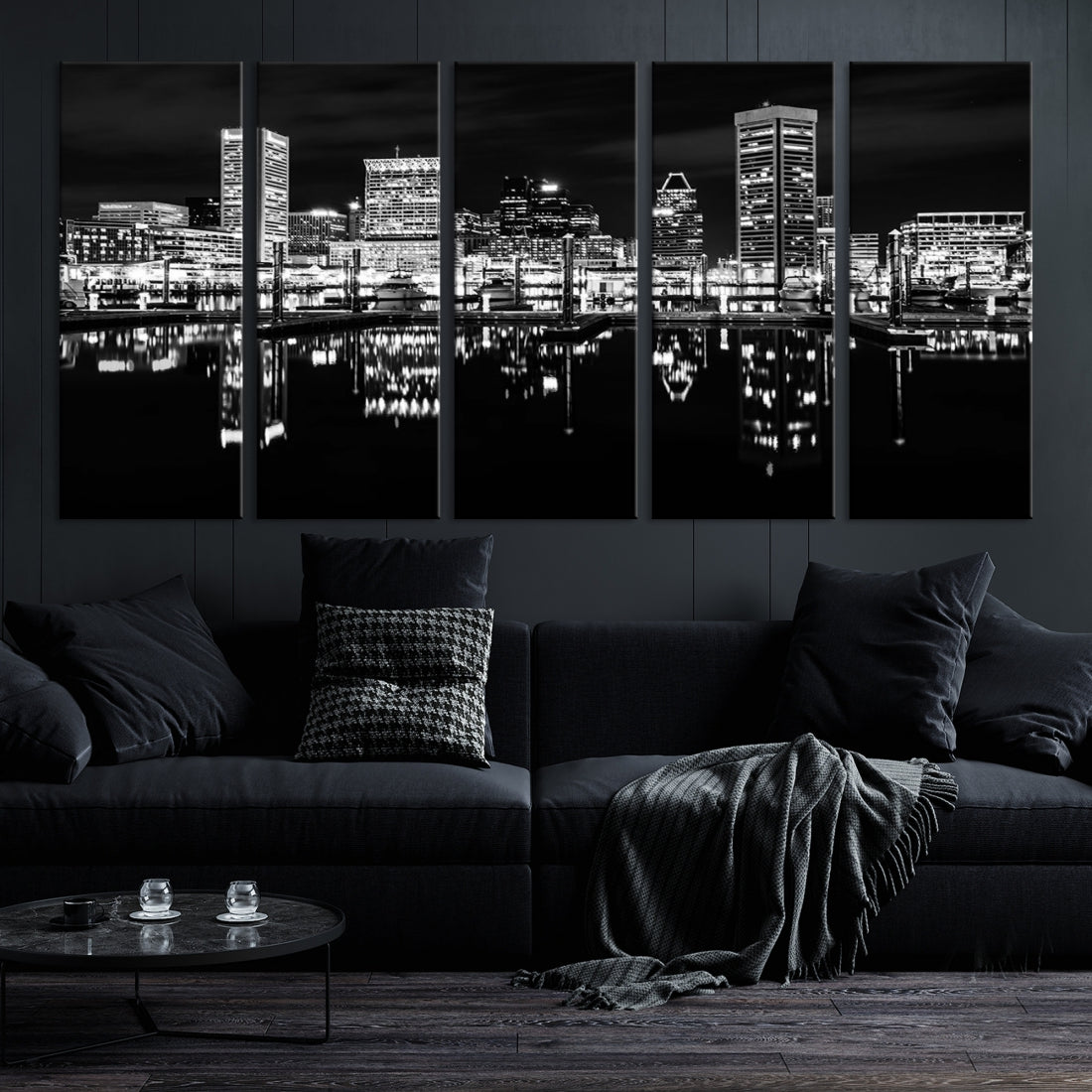 Black and White Baltimore Downtown Night Skyline Wall Art Cityscape Canvas Print