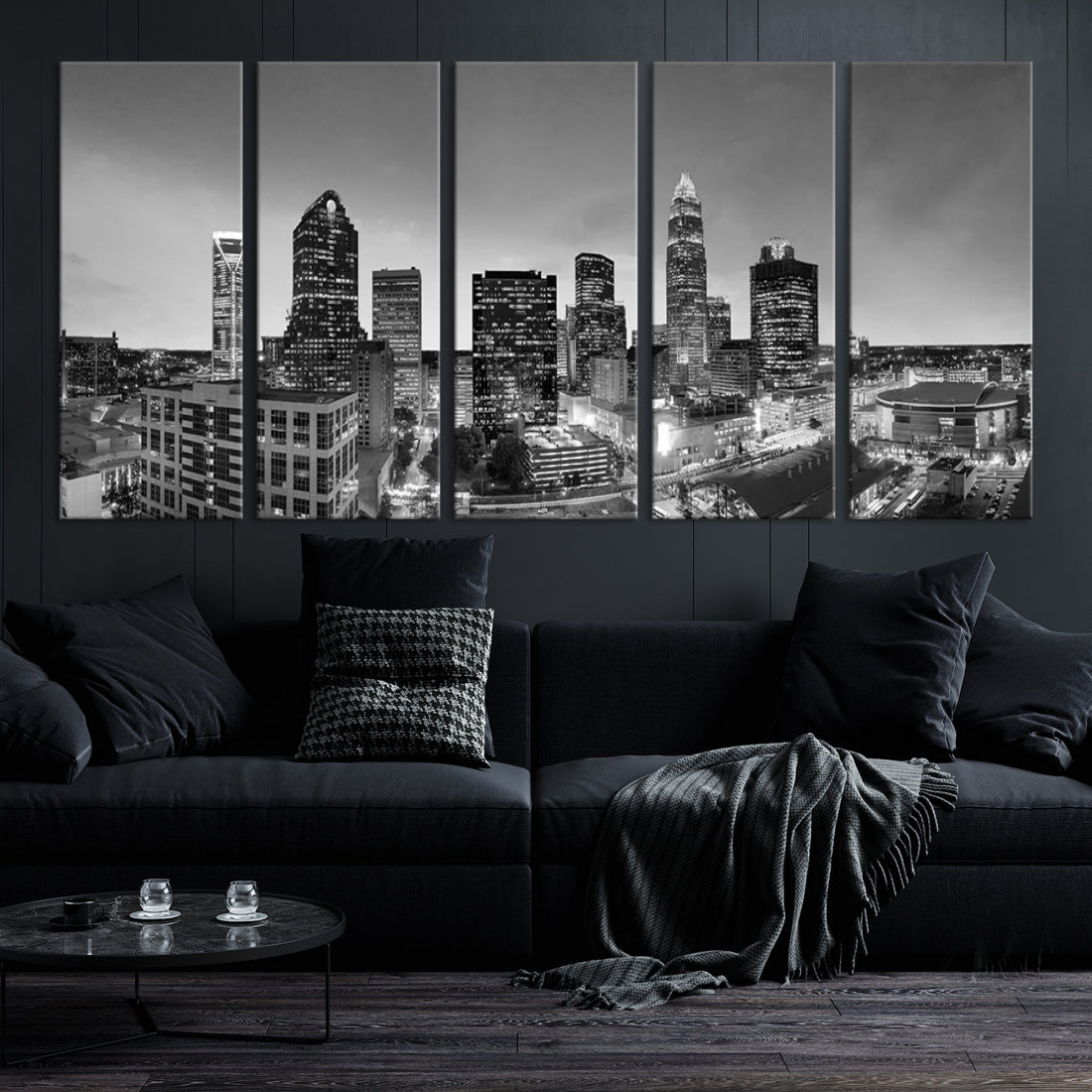 Aerial Charlotte City Skyline Wall Art Black and White Cityscape Canvas Print