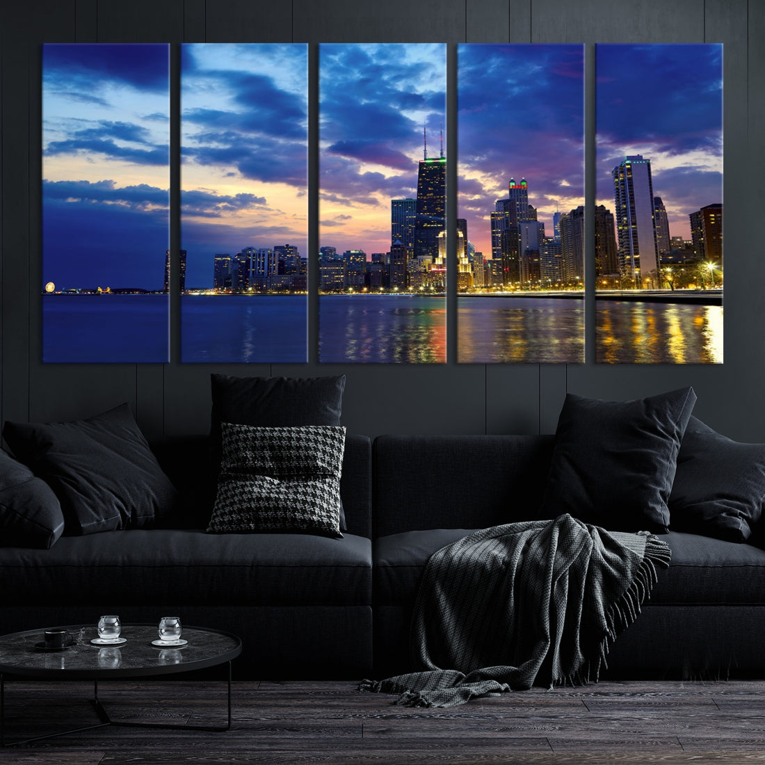 Blue Chicago Night Skyline Downtown Cityscape Large Wall Art Canvas Print