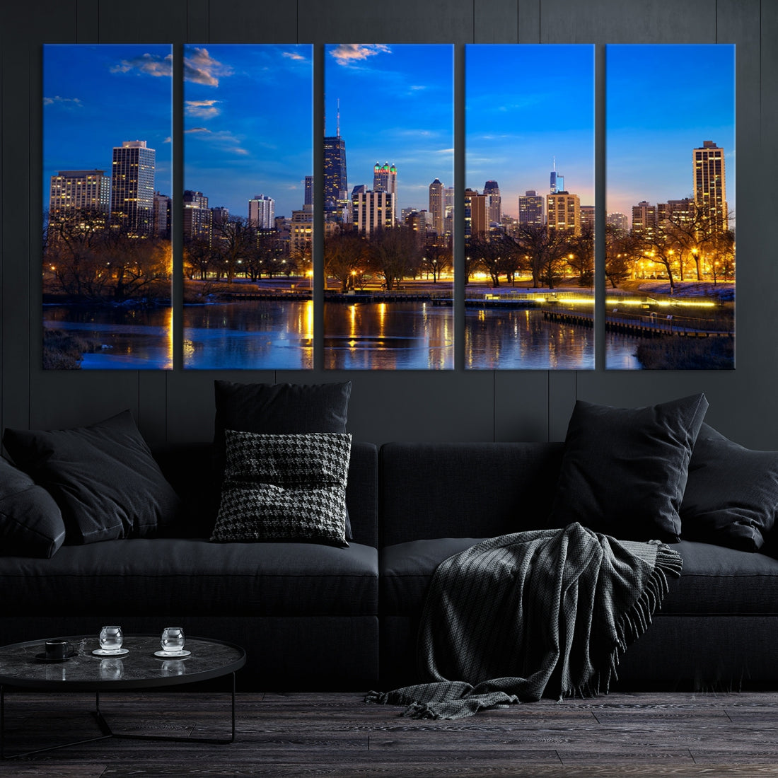 Large Chicago Skyline Wall Art Night Cityscape Canvas Print Home Decor