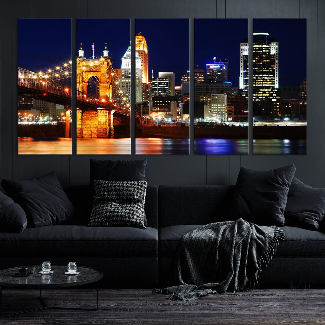 Cincinnati Bright Lights Night Skyline Canvas Wall Art Framed Print