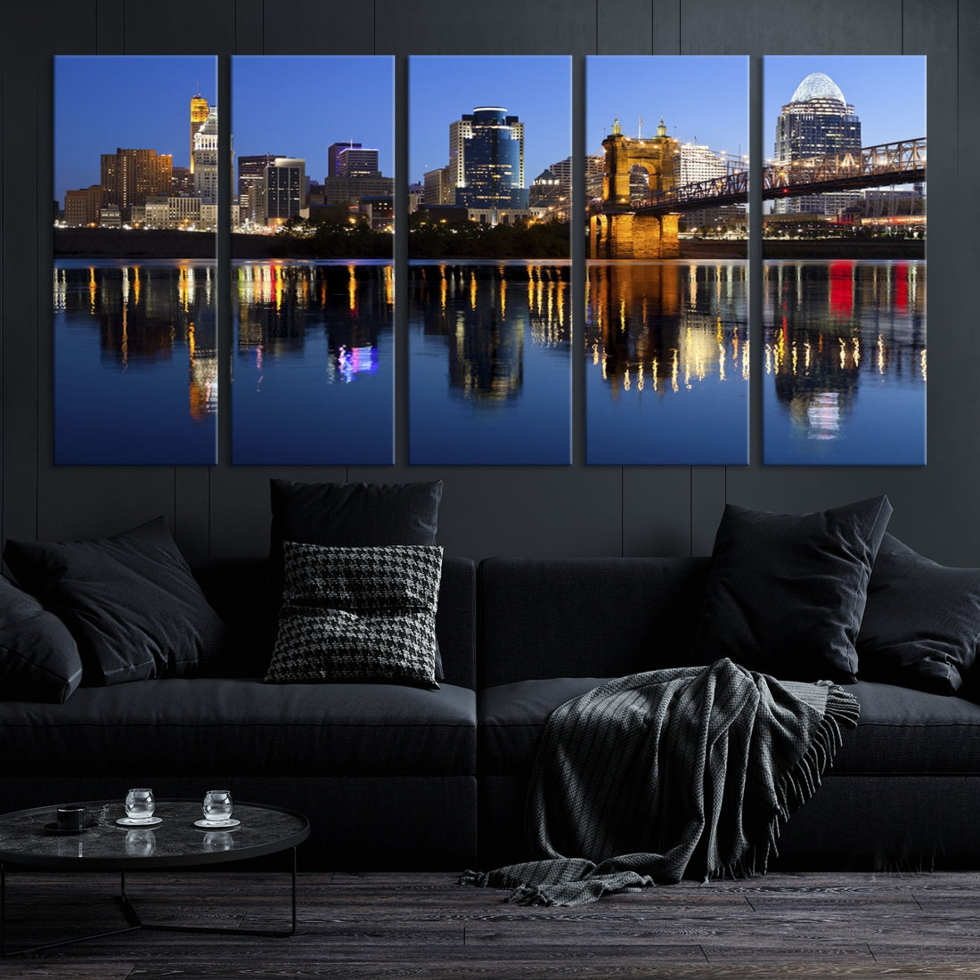 Cincinnati Night Skyline Reflections Large Cityscape Wall Art Canvas Print