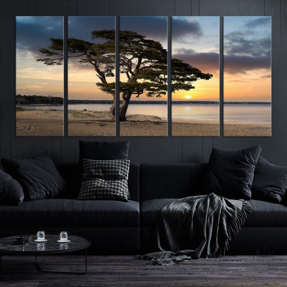 Big Tree Beach Coastal Sunset Wall Art Canvas Print Framed