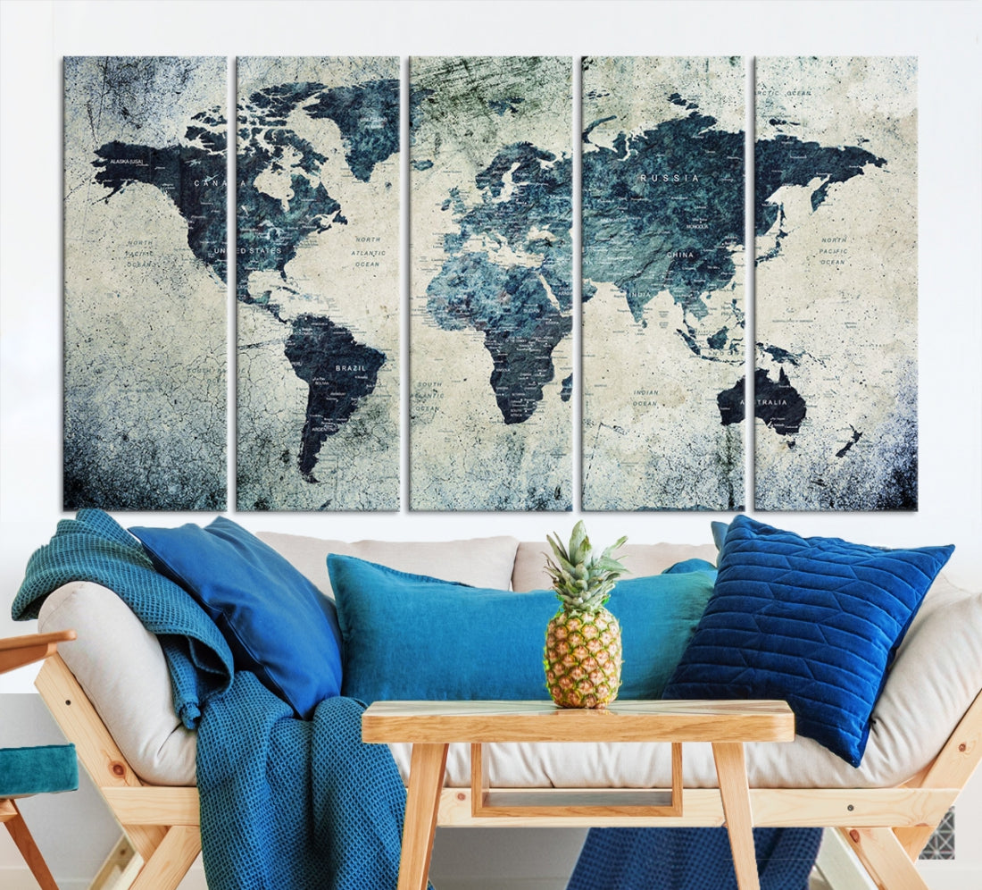 Extra Large World Map Wall Art Watercolor Painting on Canvas Print Grunge Vintage Decor