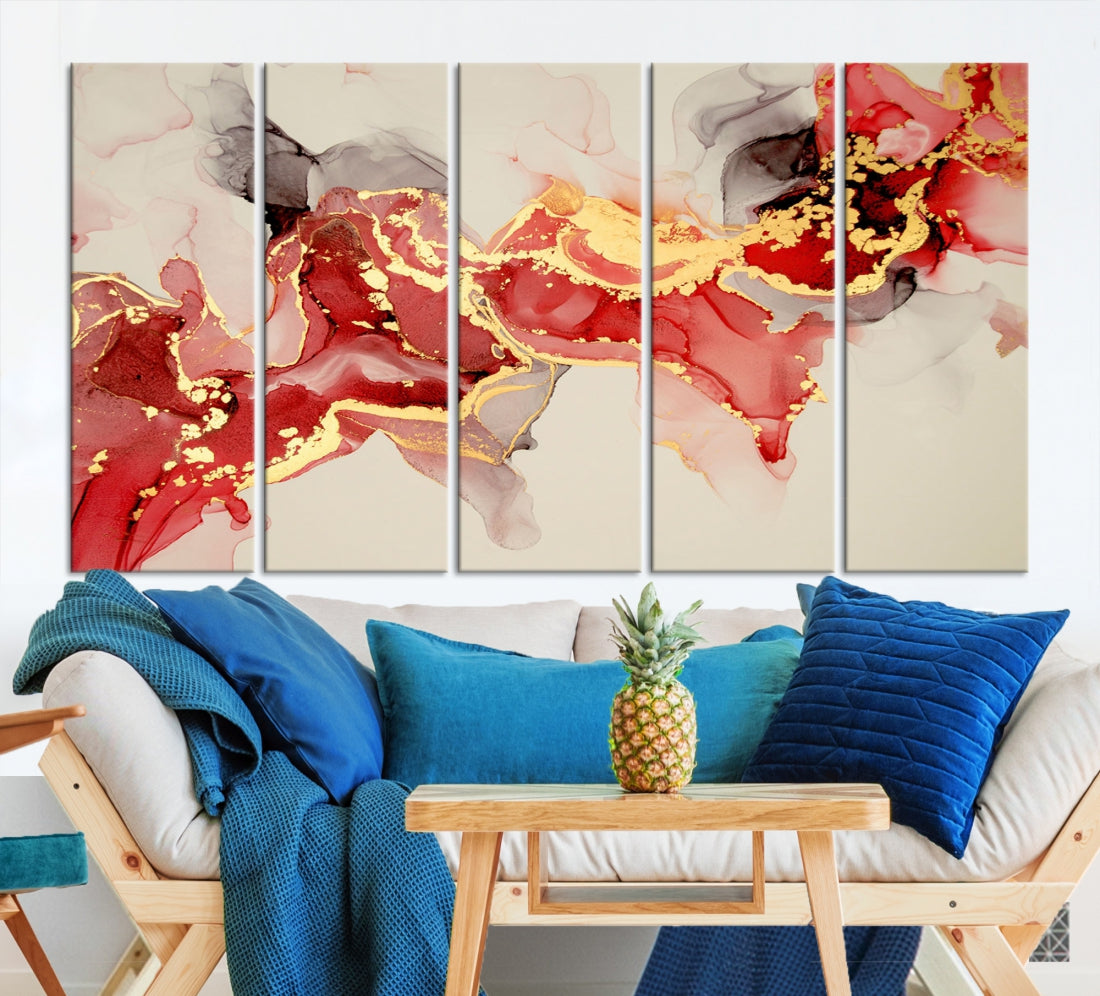 Contemporary Red Gold Abstract Painting on Canvas Print Framed Wall Decor