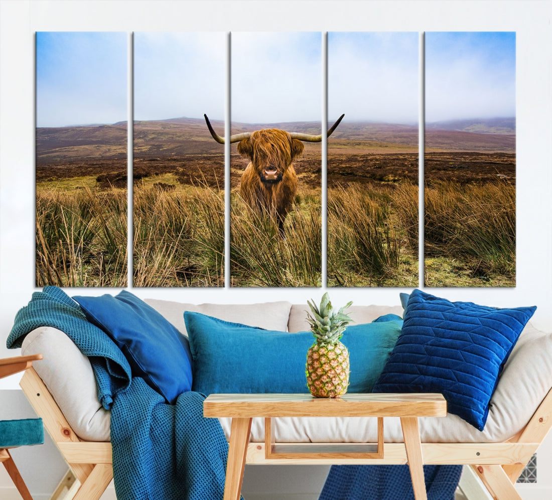 Highland Cow with Beautiful Landscape Canvas Wall Art Print Large Animal Art Print Farmhouse Ranch Farm Decor Cute Animals Cow Print Framed Ready to Hang Original Canvas Artwork