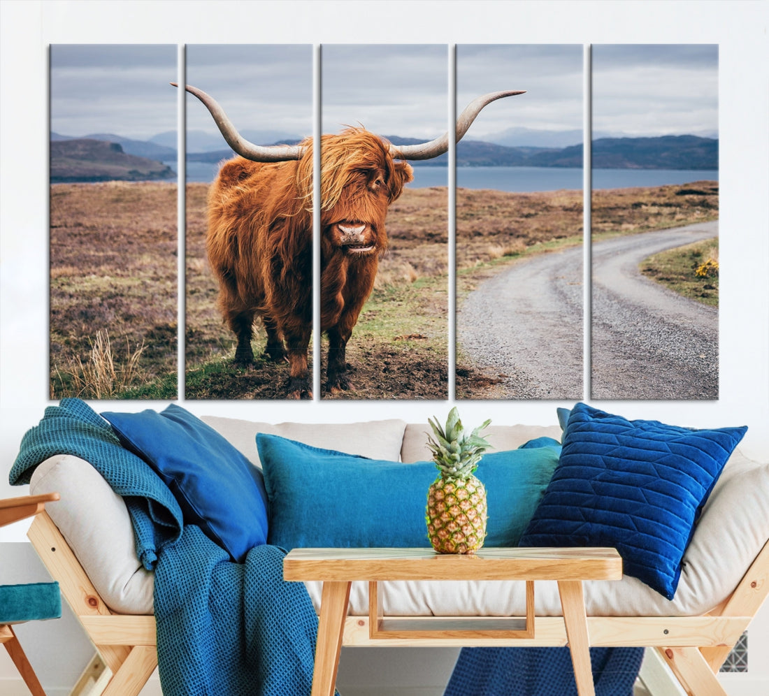 Highland Cow with Big Horn Canvas Wall Art Animal Photo Print Wall Decor