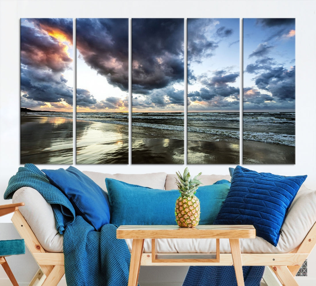 Cloudy Sky Calm Ocean Beach Nature Large Framed Canvas Art Print