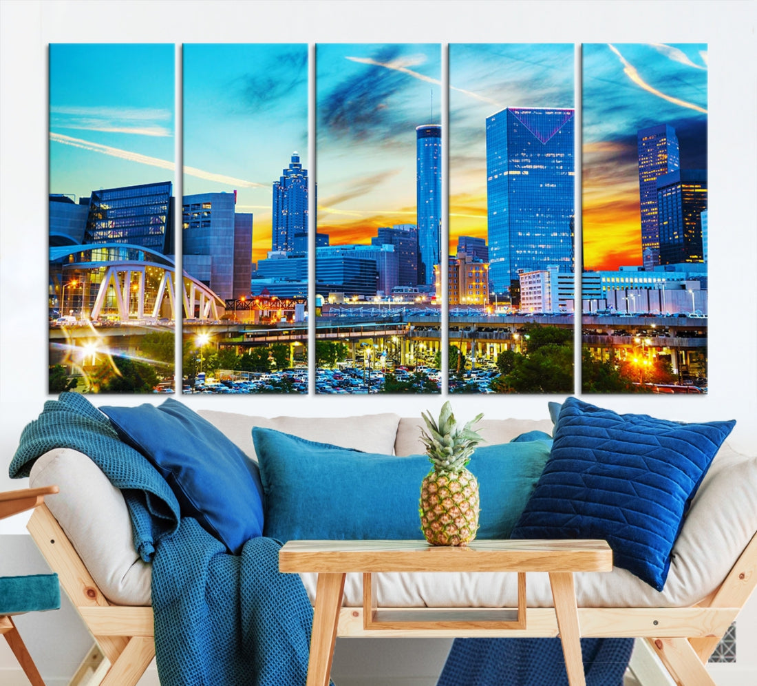 Mesmerizing Atlanta City Sunset Blue Skyline Cityscape Large Canvas Wall Art Print