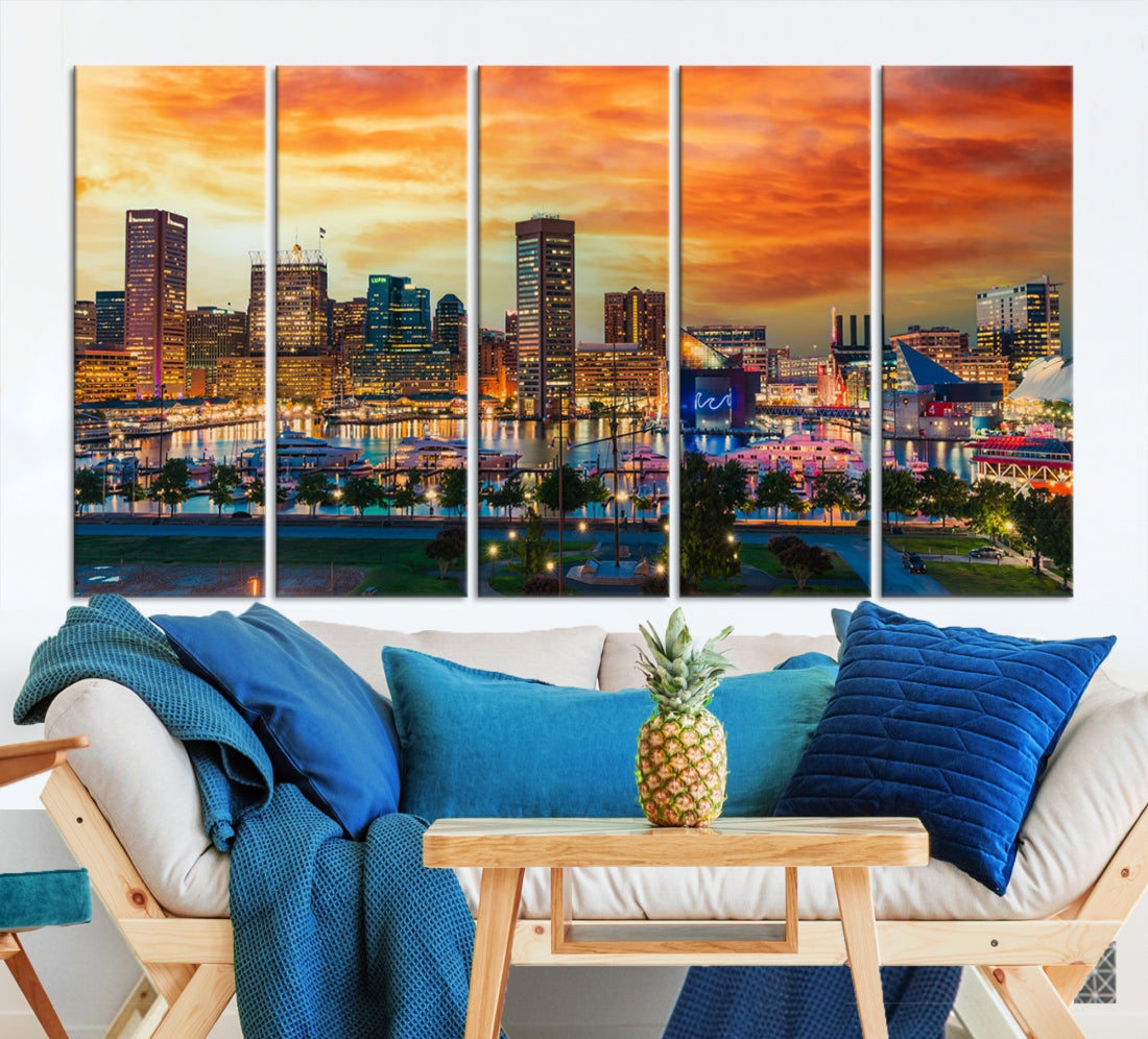 Sunset over Baltimore City Skyline Canvas Wall Art Large Cityscape Print