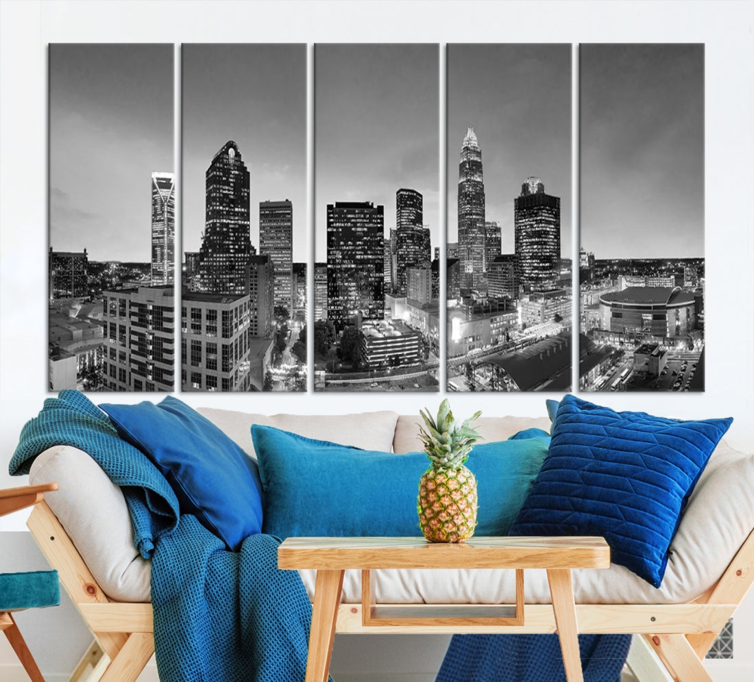 Aerial Charlotte City Skyline Wall Art Black and White Cityscape Canvas Print