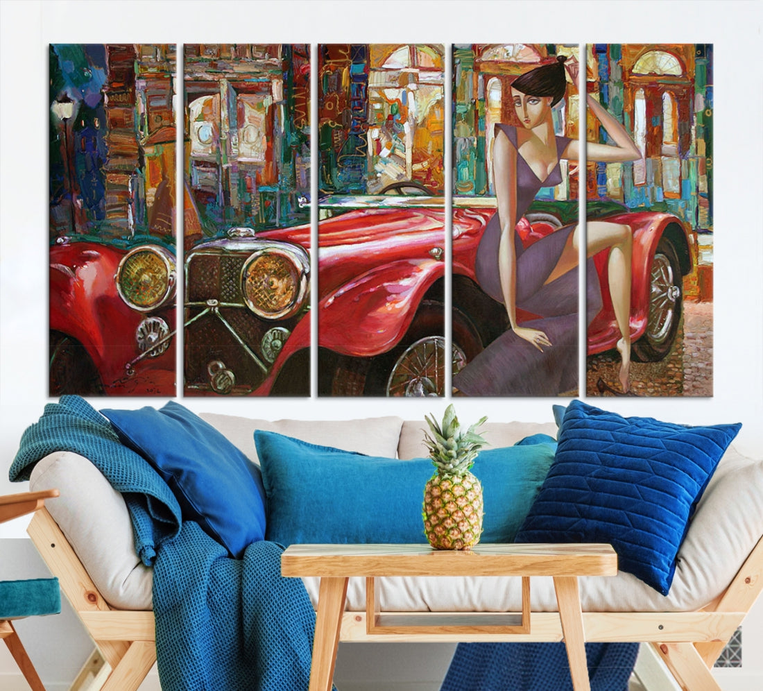 Lady With a Red Old Antique Car Jalopy Wall Art Canvas Print