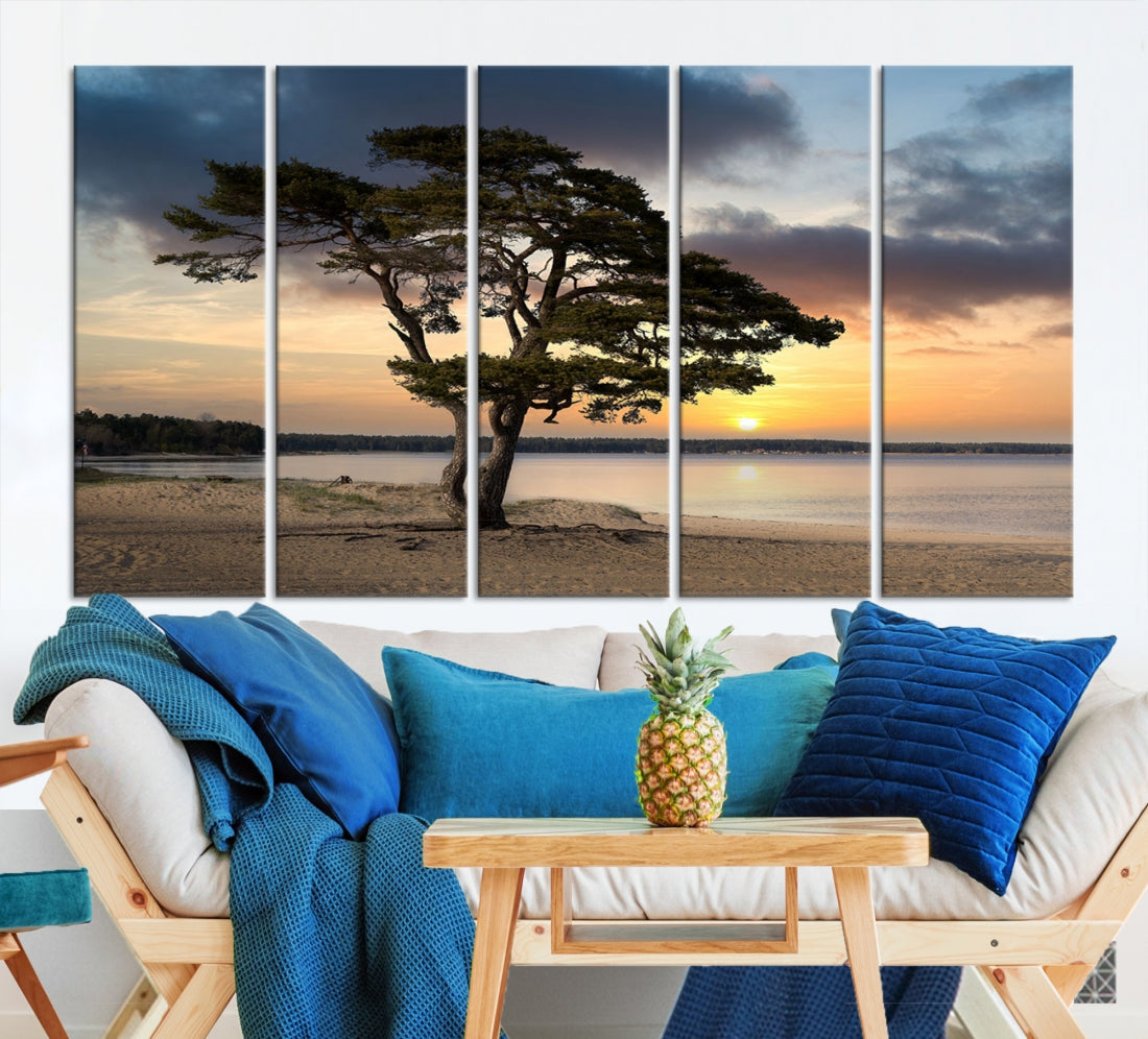 Big Tree Beach Coastal Sunset Wall Art Canvas Print Framed