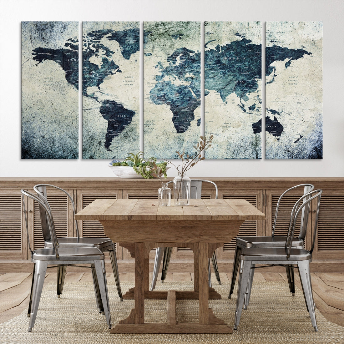 Extra Large World Map Wall Art Watercolor Painting on Canvas Print Grunge Vintage Decor