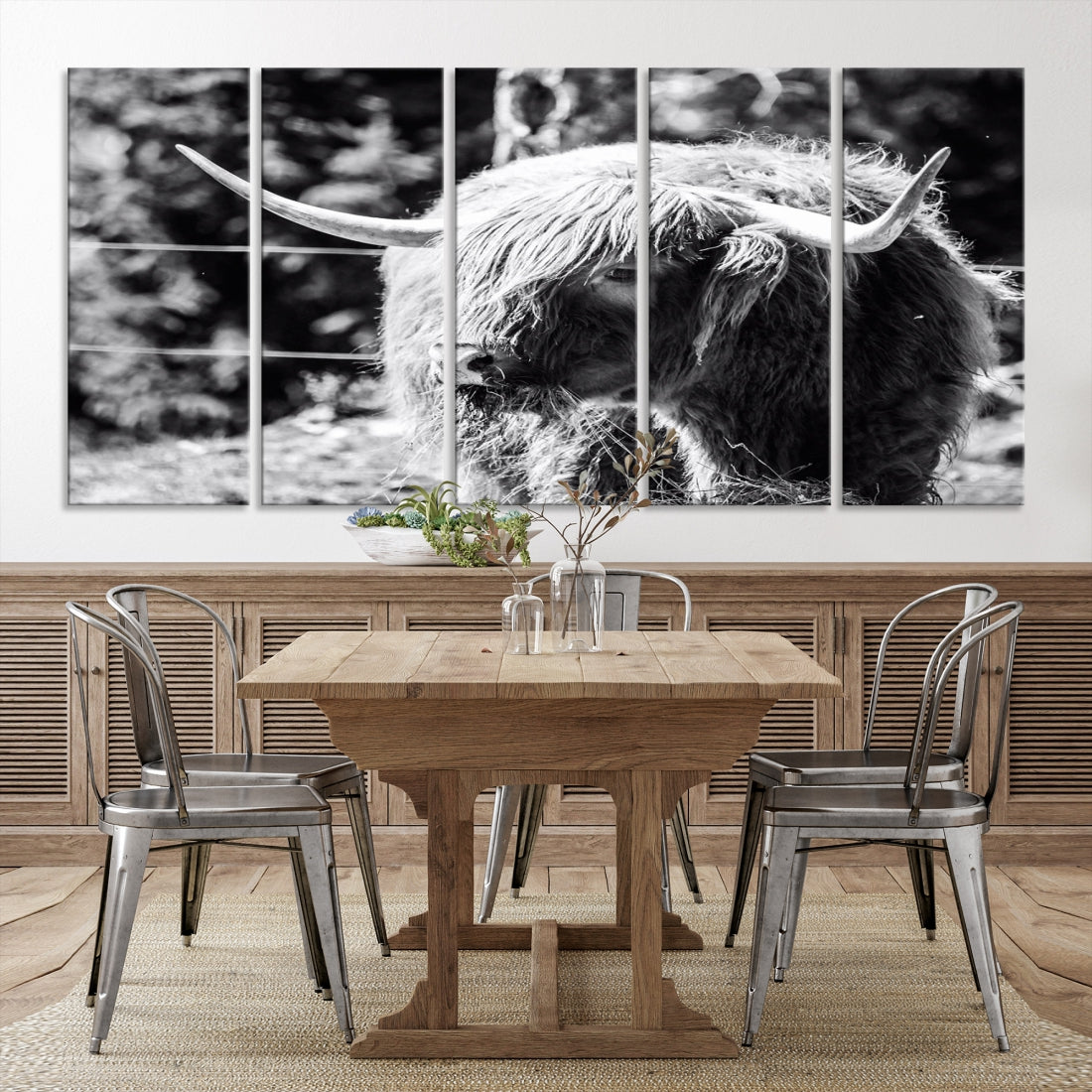 Black and White Highland Cow Canvas Wall Art Print Nature Photograph Canvas Art Large Cow Print Panel Canvas Set