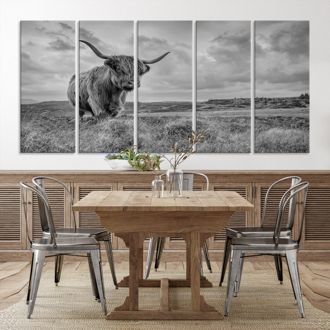 Grayscale Highland Cow Canvas Art Print Extra Large Animal Picture Print on Canvas