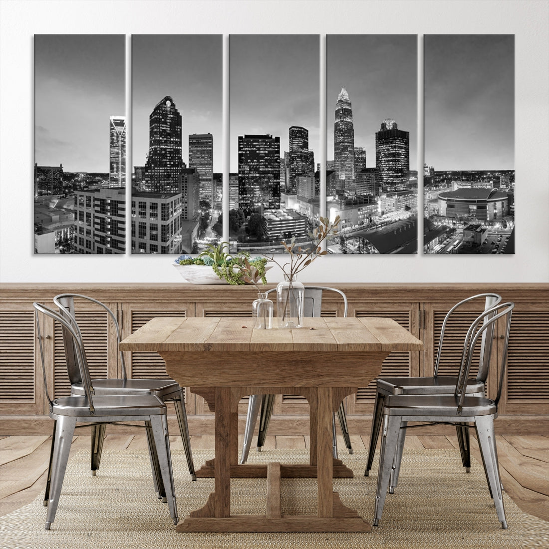 Aerial Charlotte City Skyline Wall Art Black and White Cityscape Canvas Print