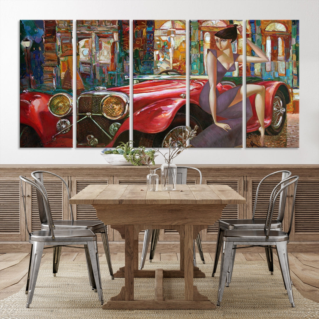 Lady With a Red Old Antique Car Jalopy Wall Art Canvas Print