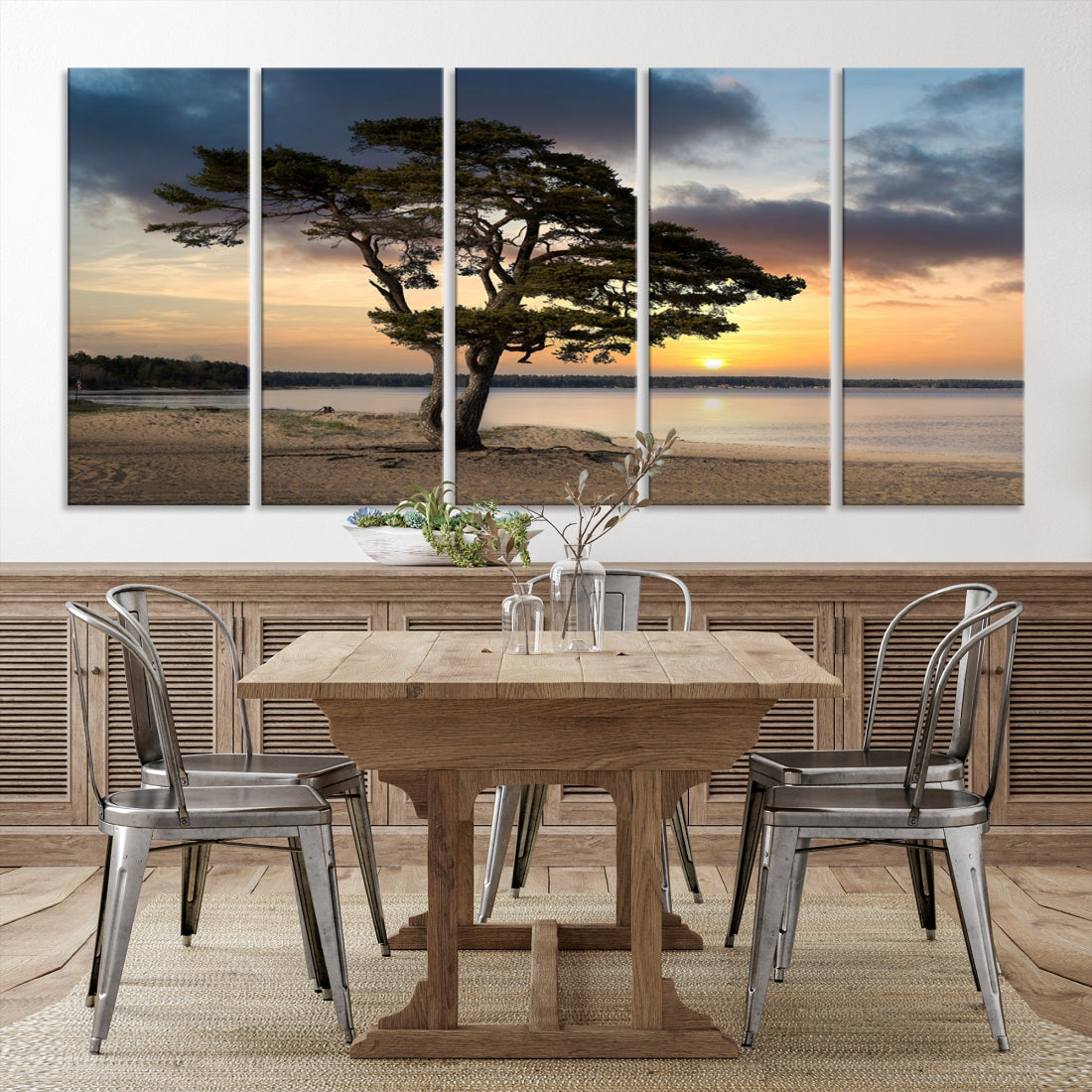 Big Tree Beach Coastal Sunset Wall Art Canvas Print Framed