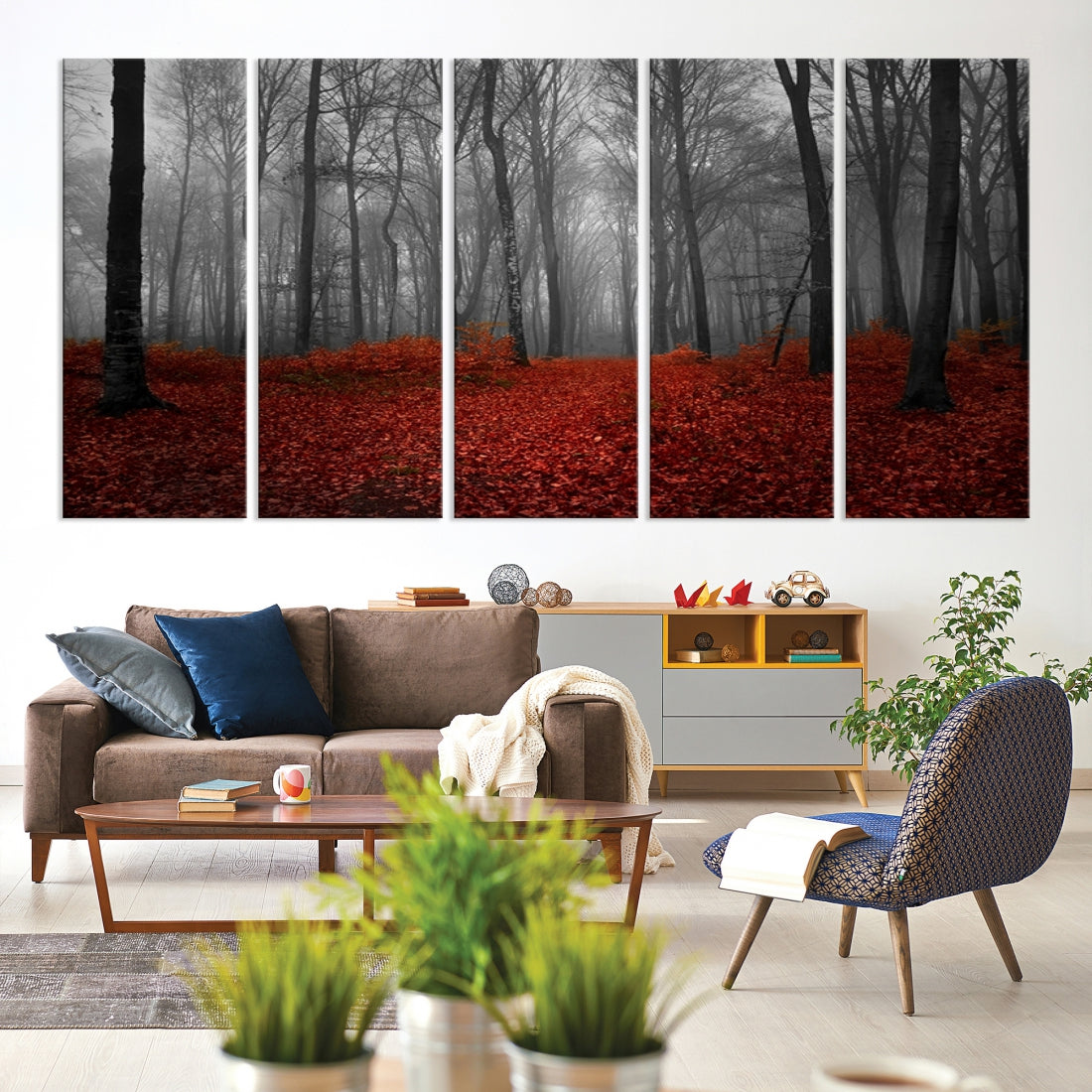 Foggy Forest with Red Leaves Autumn Landscape Giclee Canvas Extra Large Wall Art Print