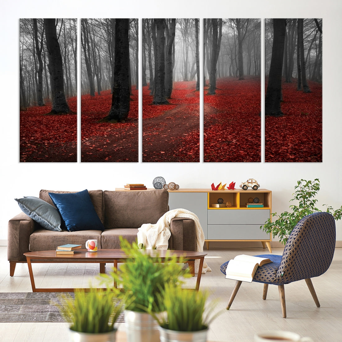 Wonderful Forest with Red Leaves on Ground Large Wall Art Landscape Canvas Print