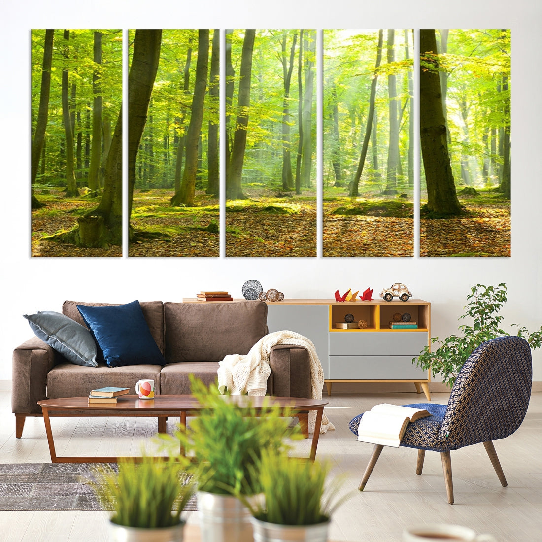 Sunshine in Green Forest Large Tree Wall Art Landscape Canvas Print