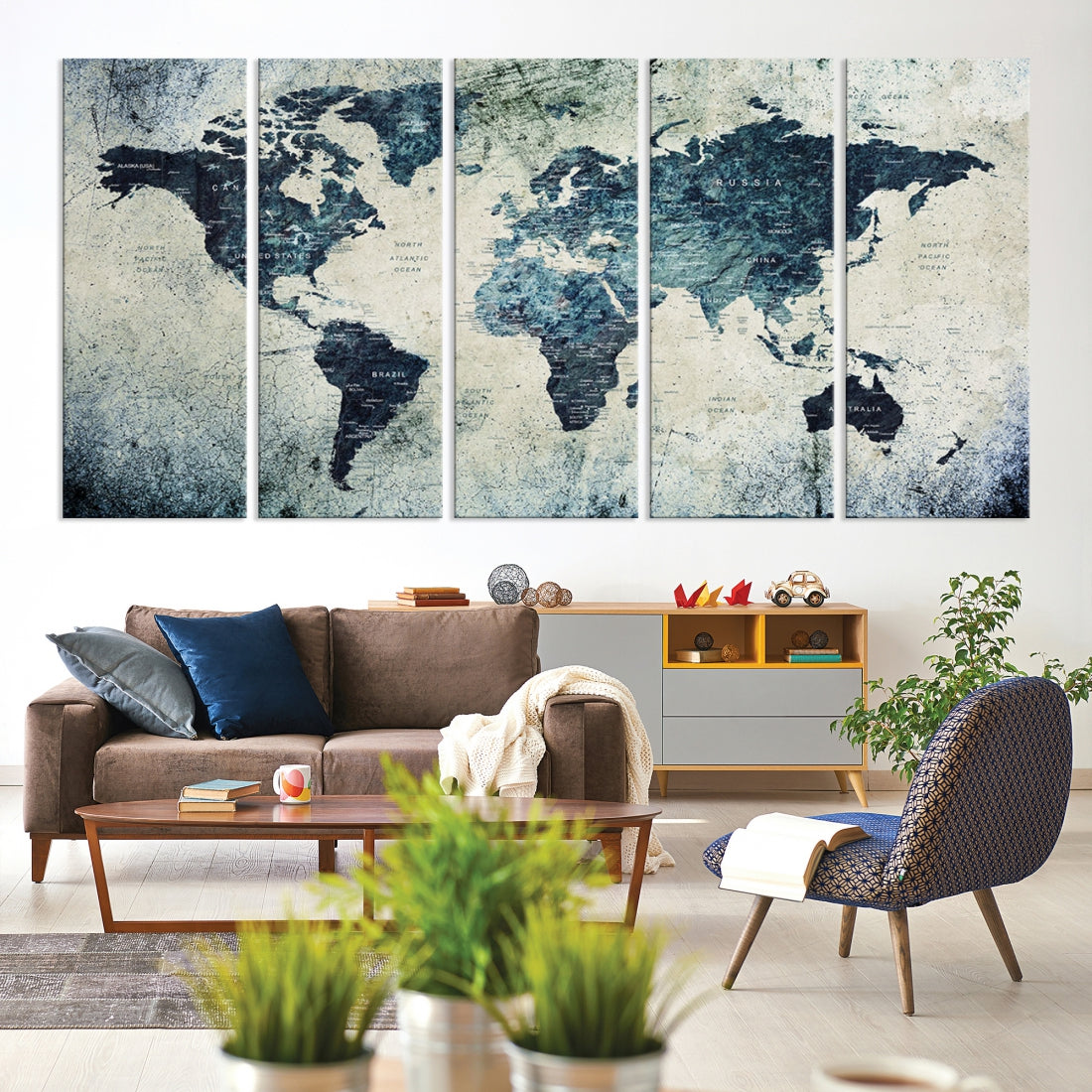 Extra Large World Map Wall Art Watercolor Painting on Canvas Print Grunge Vintage Decor