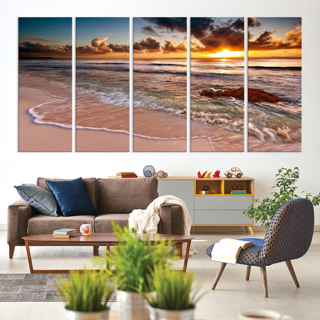 Breathtaking Sunset and Calm Beach Waves Canvas Wall Art Print