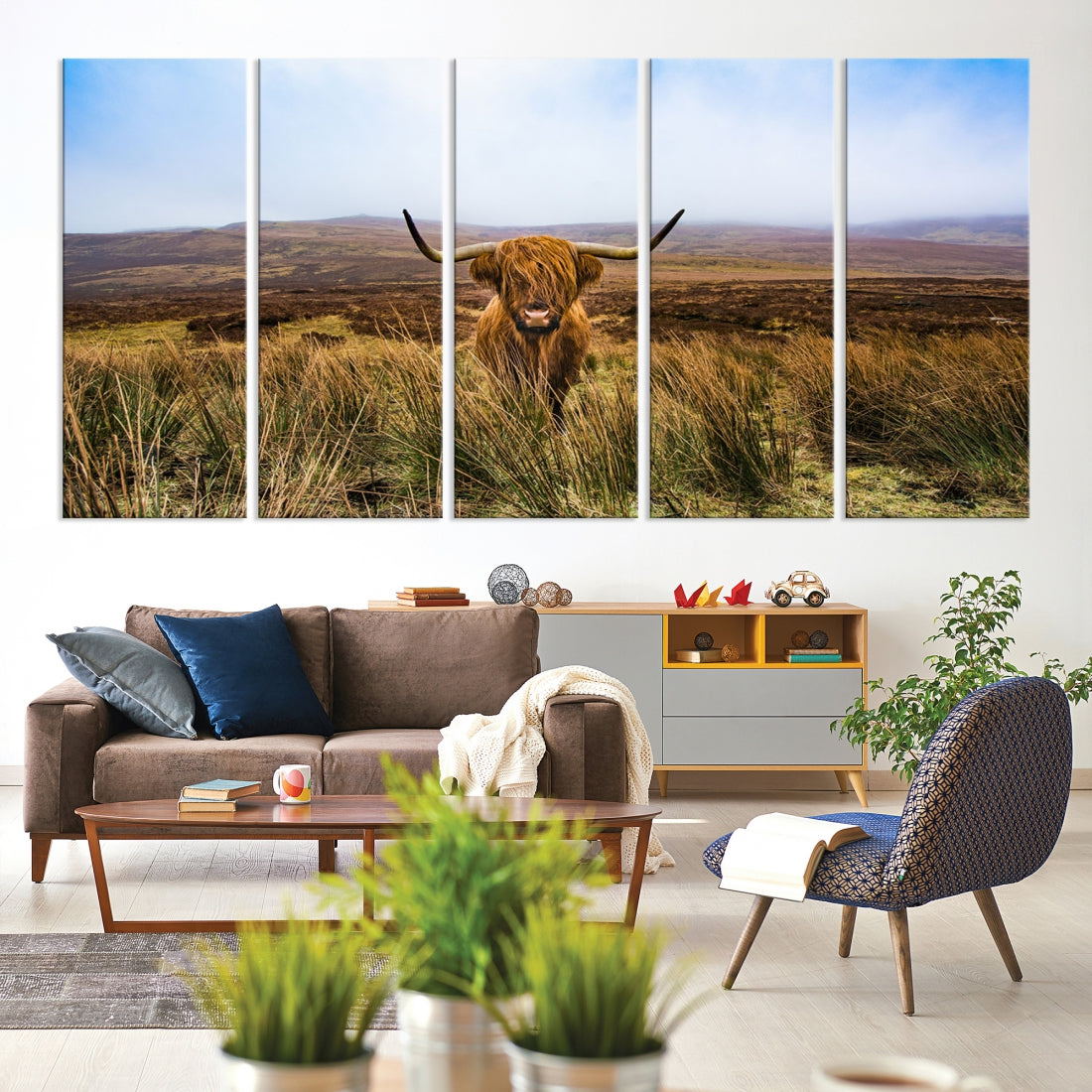 Highland Cow with Beautiful Landscape Canvas Wall Art Print Large Animal Art Print Farmhouse Ranch Farm Decor Cute Animals Cow Print Framed Ready to Hang Original Canvas Artwork