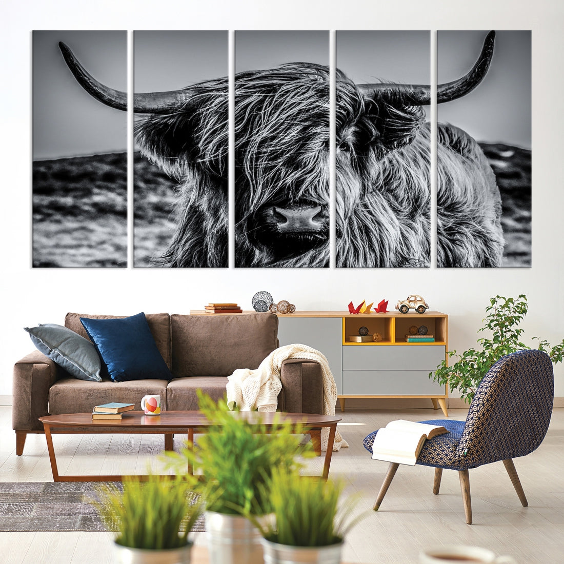 Black and White Extra Large Cow Wall Art Scottish Cattle Animal Canvas Print