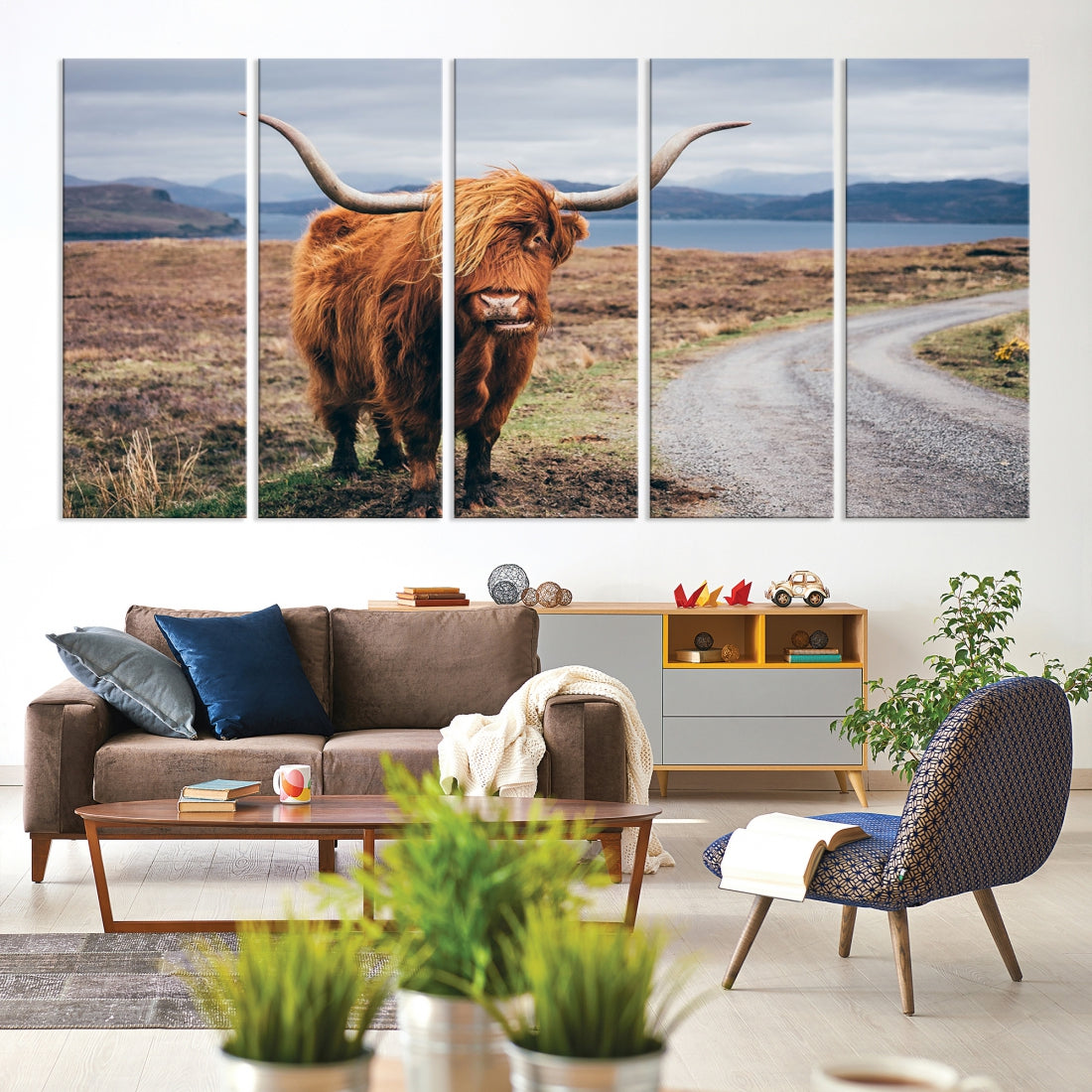 Highland Cow with Big Horn Canvas Wall Art Animal Photo Print Wall Decor