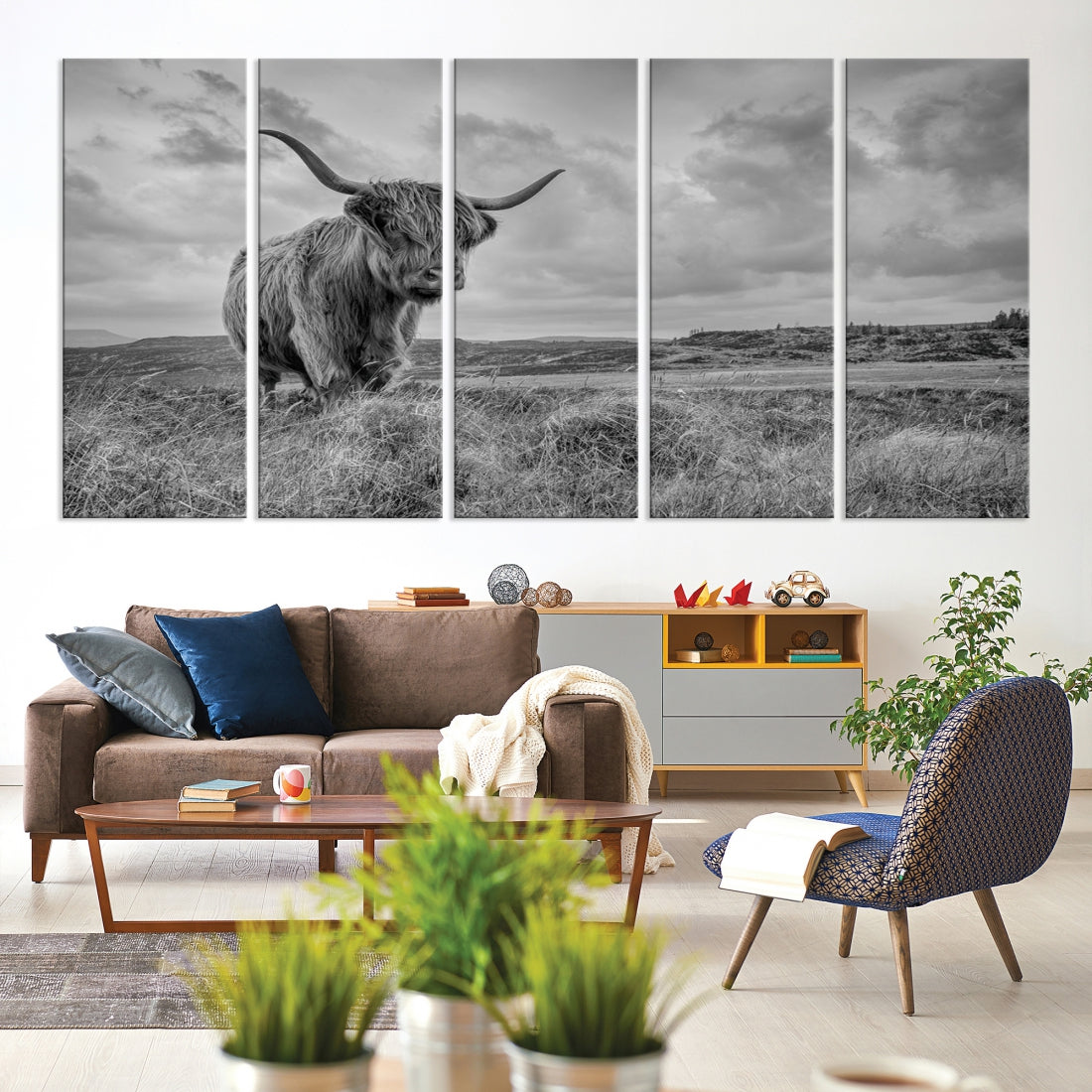 Grayscale Highland Cow Canvas Art Print Extra Large Animal Picture Print on Canvas