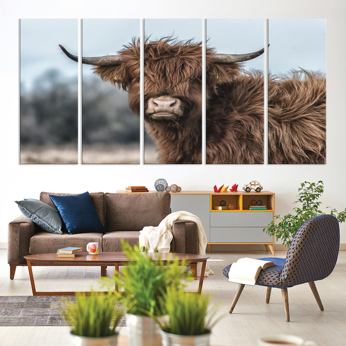 Fluffy Highland Cow Photograph Large Wall Art Canvas Print Cute Animals Picture Wall Decor Artwork for Living Room Farmhouse Printable Art Housewarming Gift Modern Home Art Decor