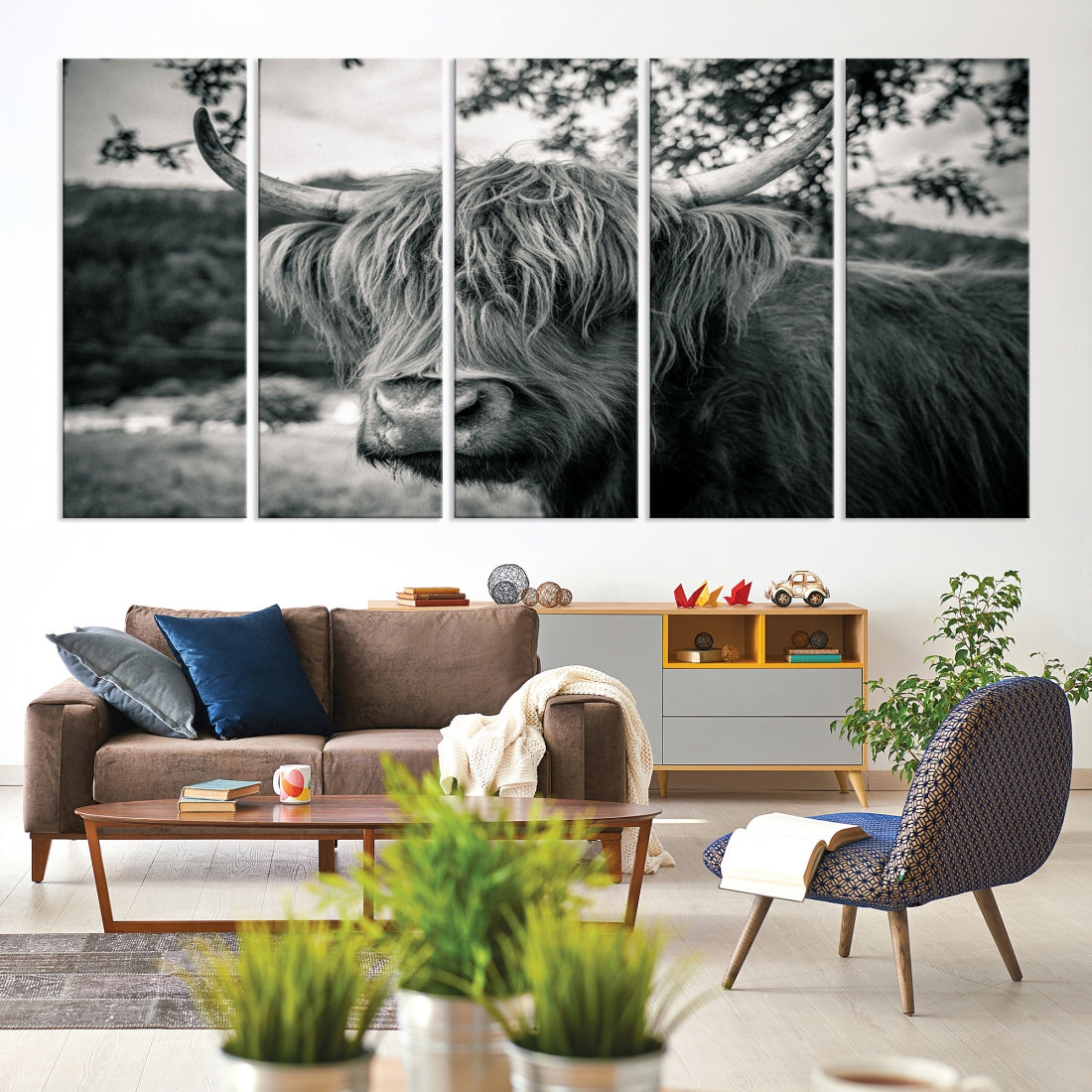 Beautiful Highland Cow Wall Art Large Canvas Print Black and White Wall Decor