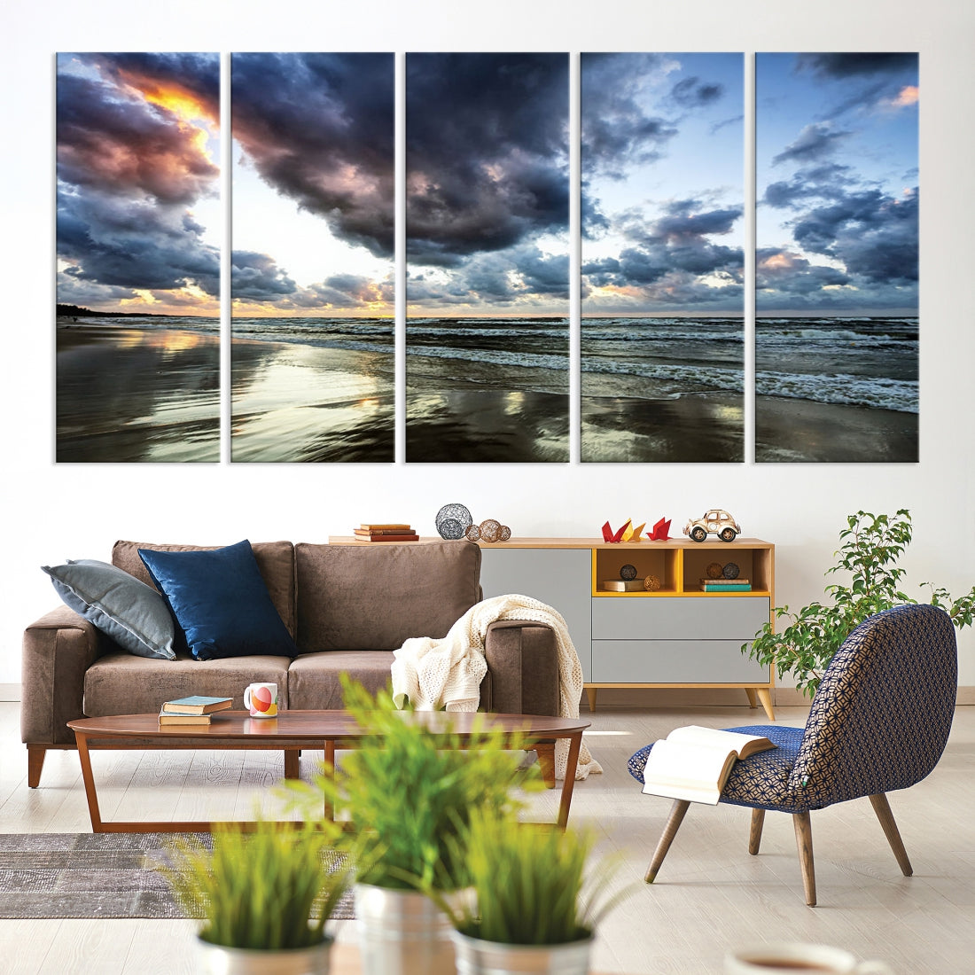 Cloudy Sky Calm Ocean Beach Nature Large Framed Canvas Art Print