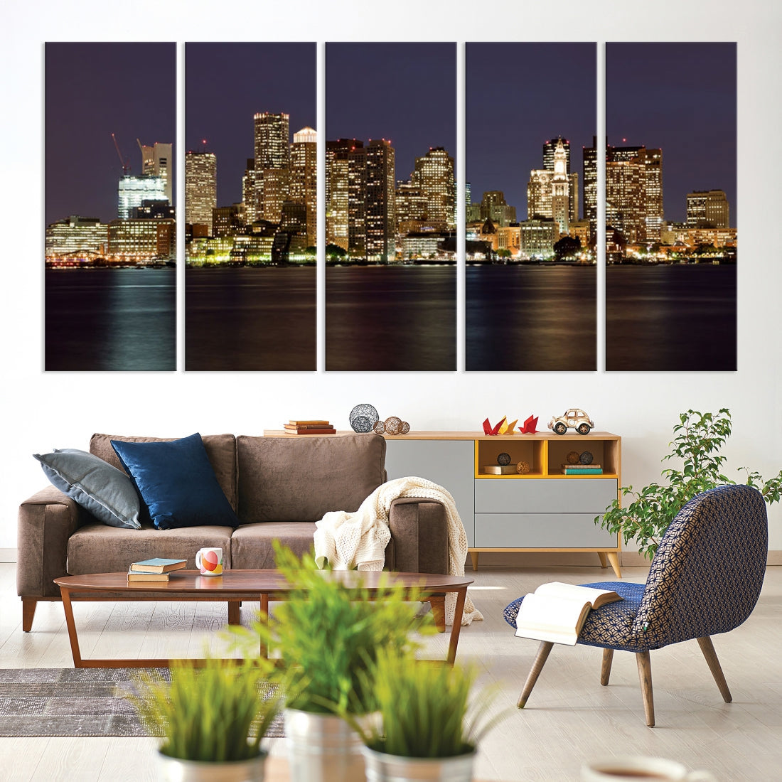 XLarge Boston City Skyline Wall Art Night Cityscape Canvas Print